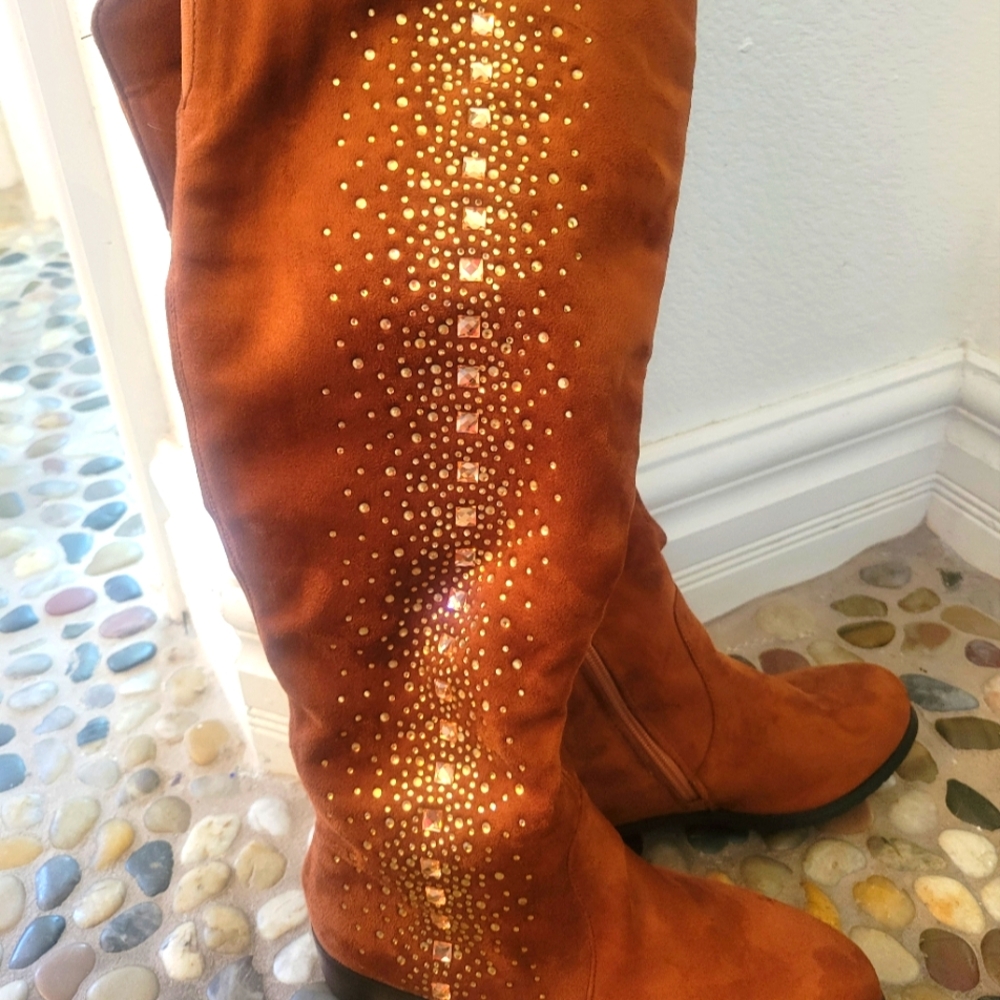 Brown Suede Knee-High Boots with Gold Studs